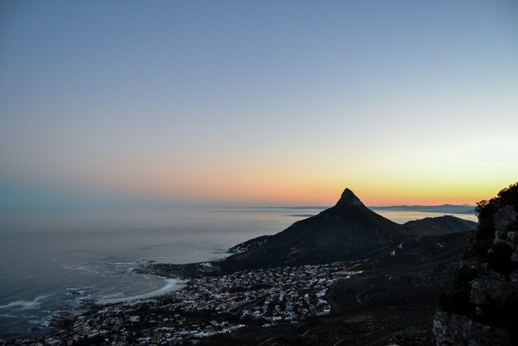 The view of Lion's Head at sunrise from Table Mountain's Kasteelspoort Route