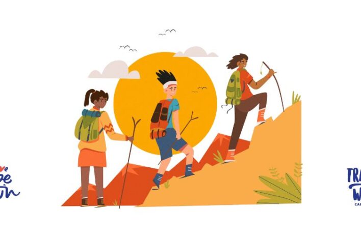 Animated graphic of 3 figures hiking