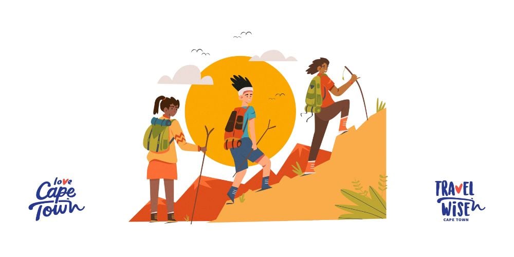 Animated graphic of 3 figures hiking