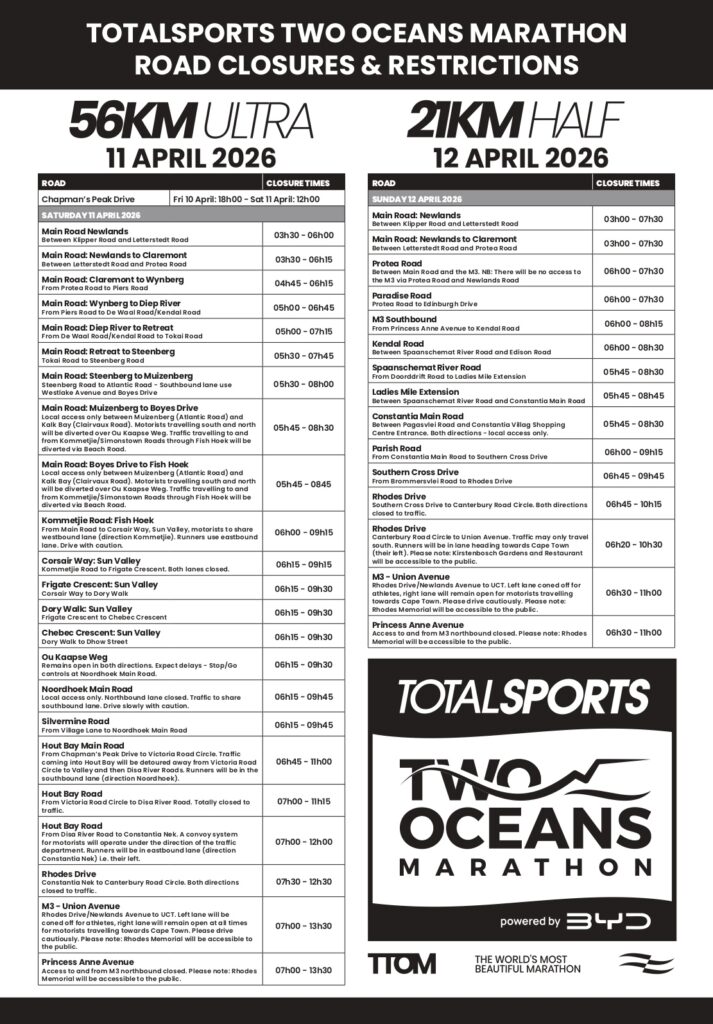 The Two Oceans Marathon is returning to Cape Town on 11 and 12 April 2026. 